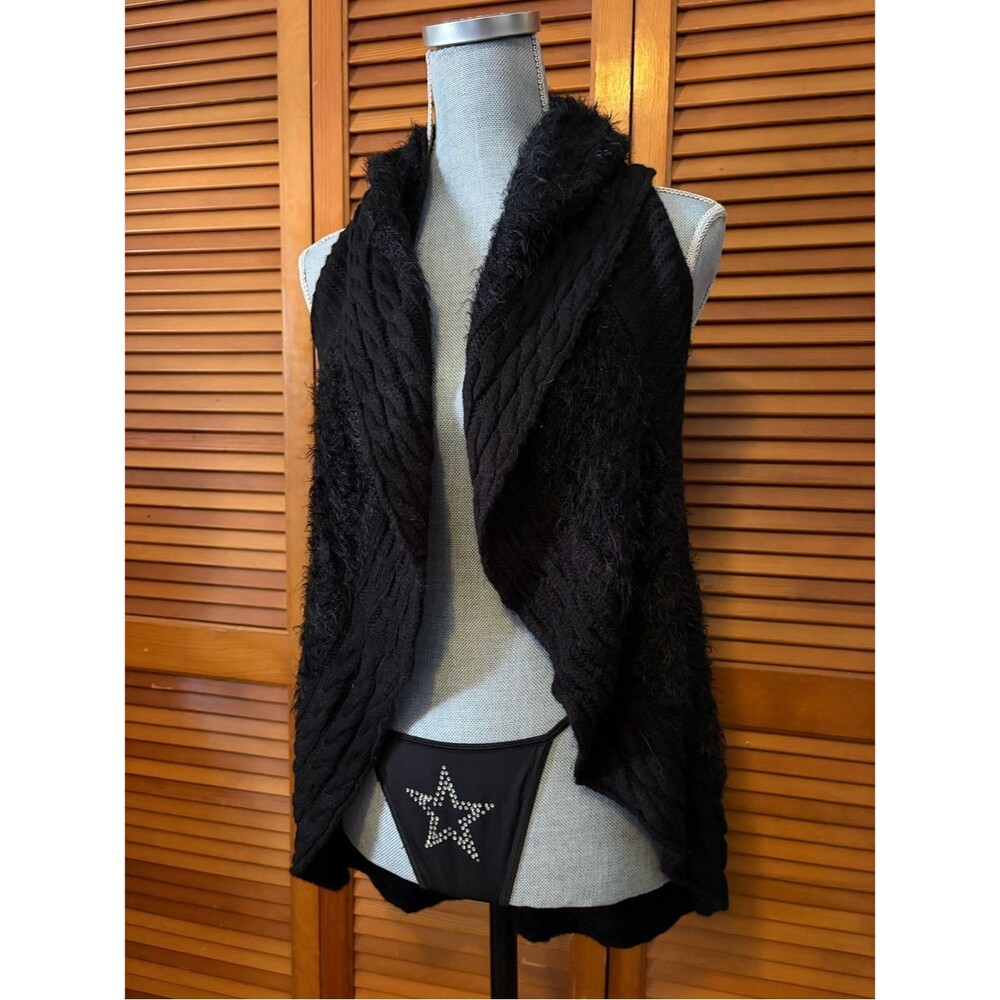 Black Cable Knit Fluffy Open Front Whimsigoth Sweater Vest